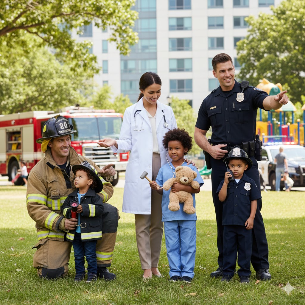 Children with community heroes: firefighter, doctor, and police officer